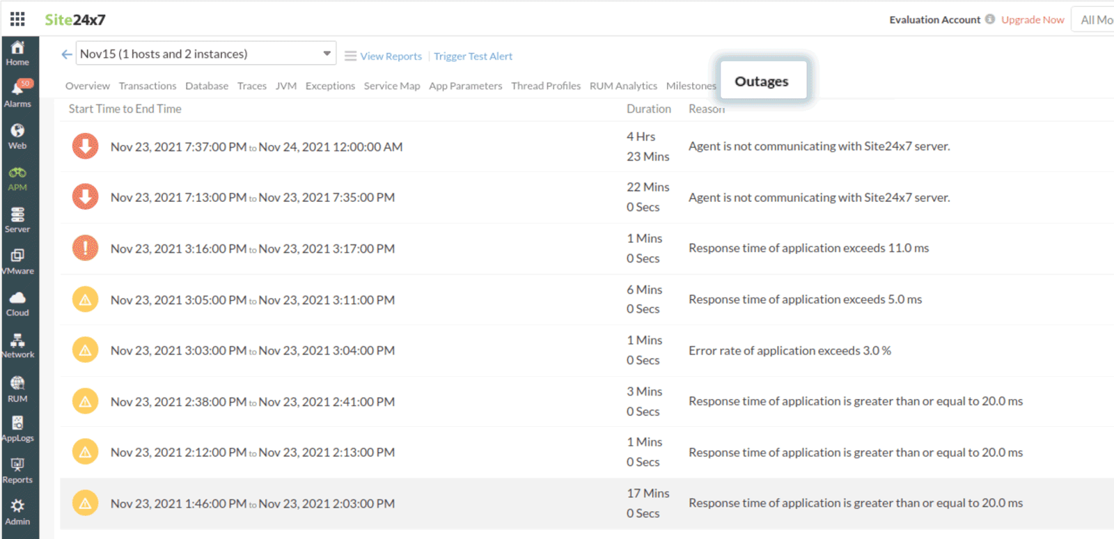 apm-outage Outages tab