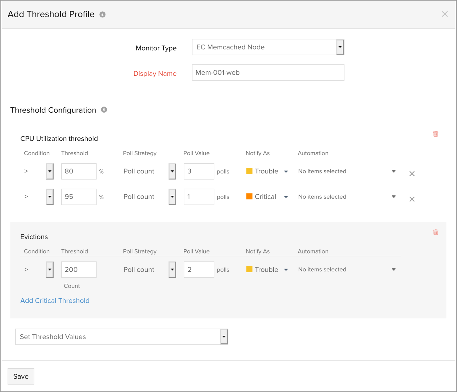 ElastiCache Memcached Node threshold profile Configure thresholds for ElastiCache Memcached node