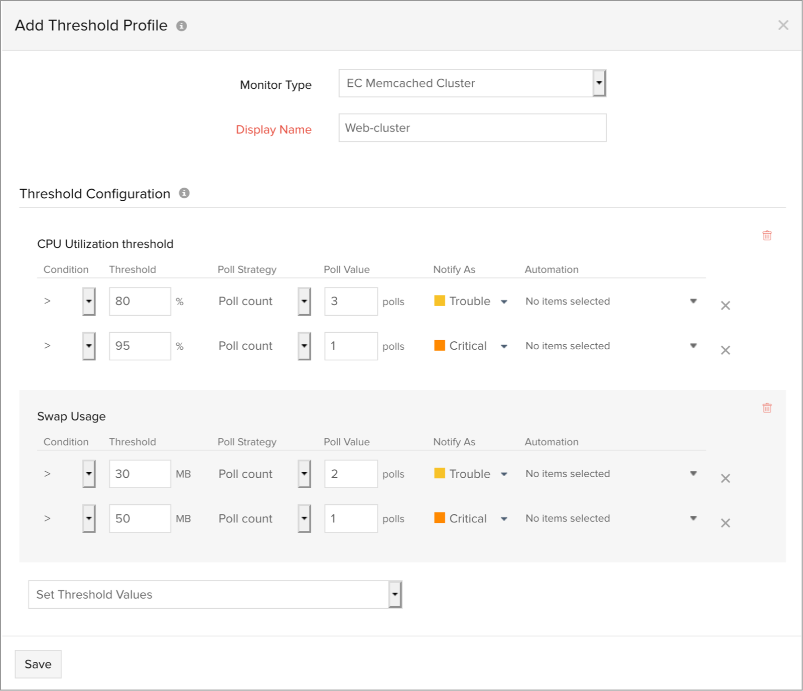 ElastiCache Memcached Cluster threshold profile Configure thresholds for ElastiCache Memcached clusters