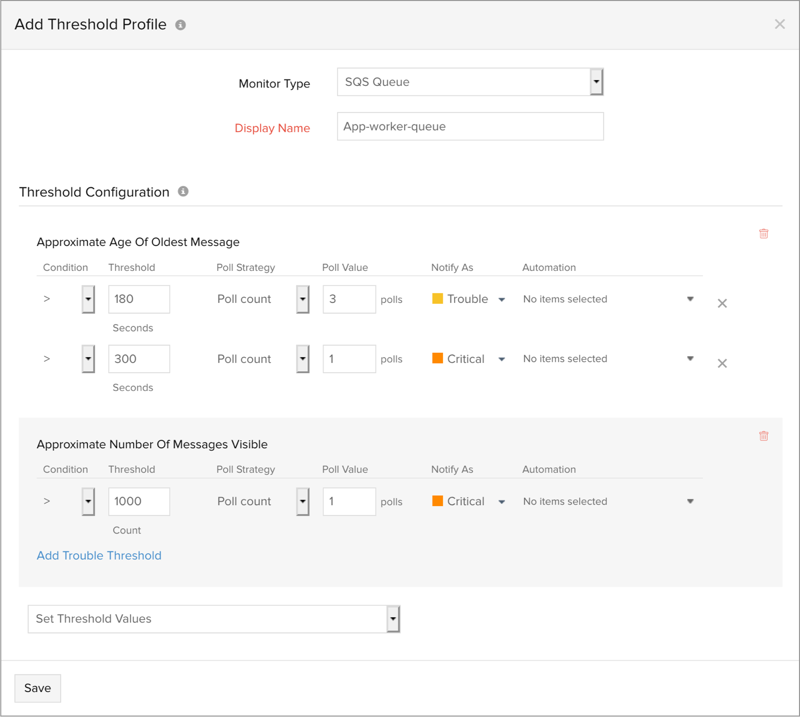 SQS threshold configuration Set up thresholds to monitor queue health