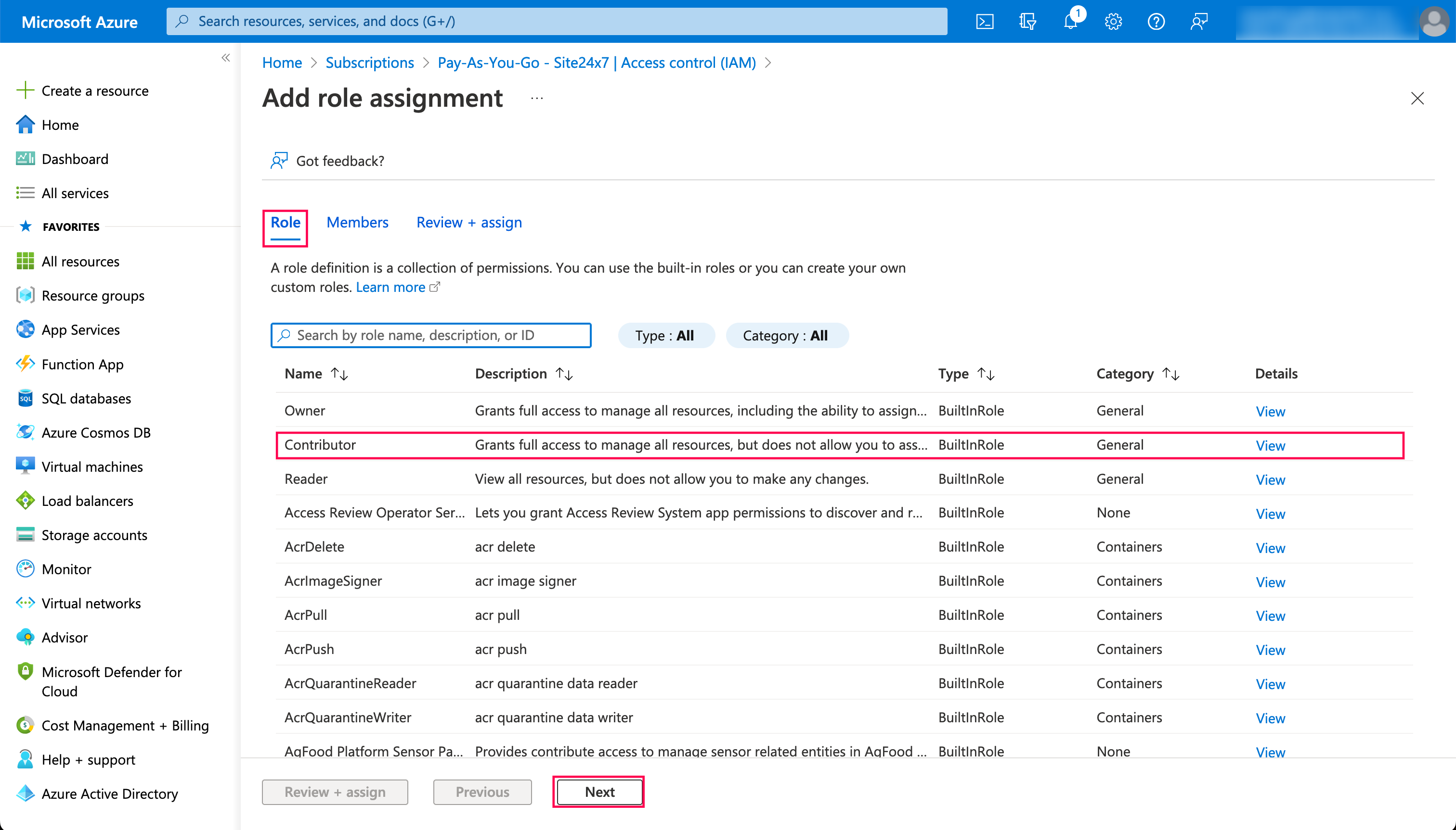 azure-add-role assigning role to the app