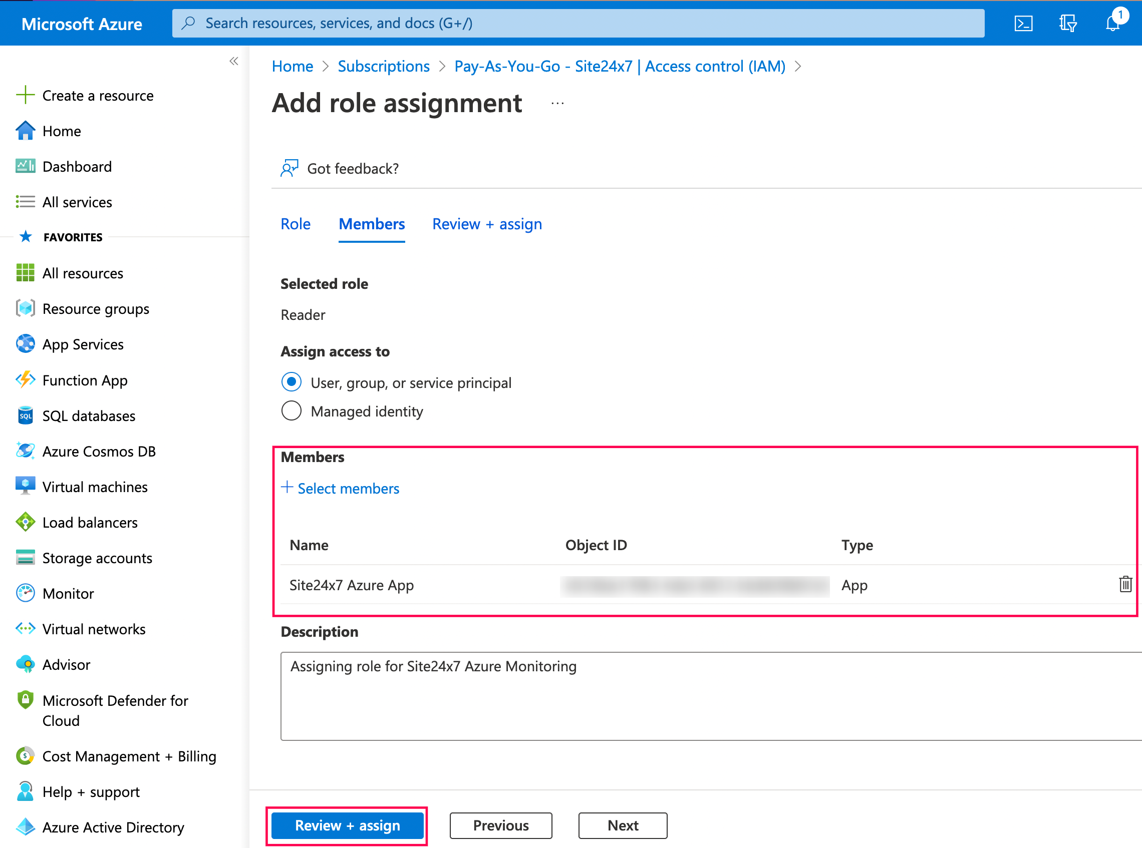 azure-review-and-assign complete adding member in azure
