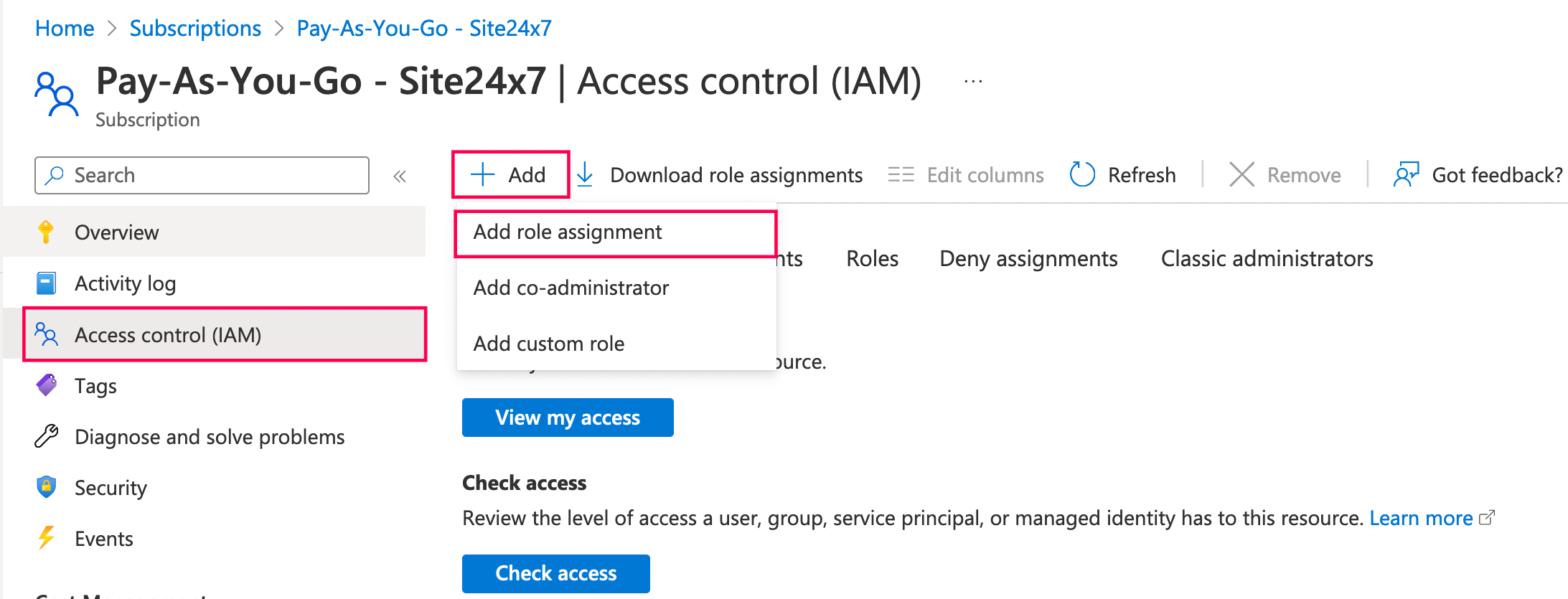 azure-role-add Authenticate Site24x7 with custom app