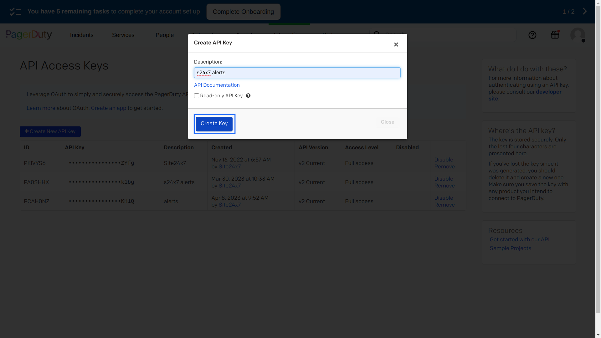 create key pagerduty new api key in pagerduty