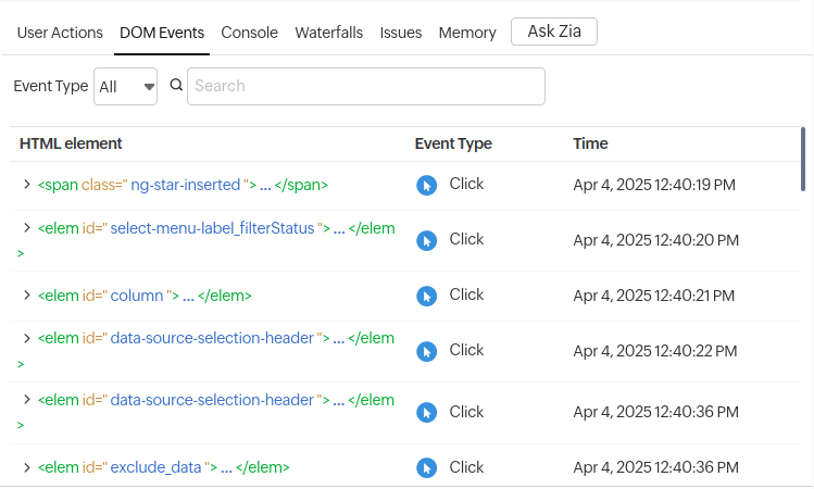 DOM Events tab