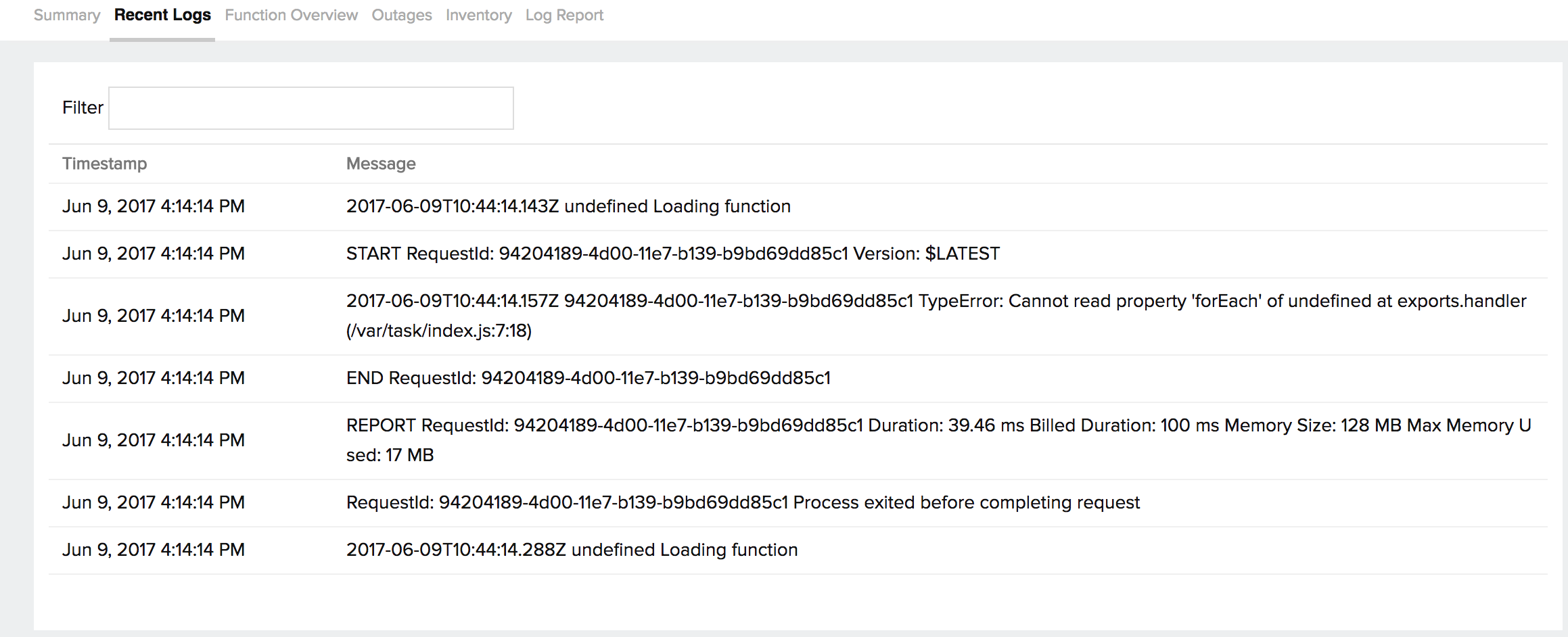 Lambda function logs view recent Lambda logs