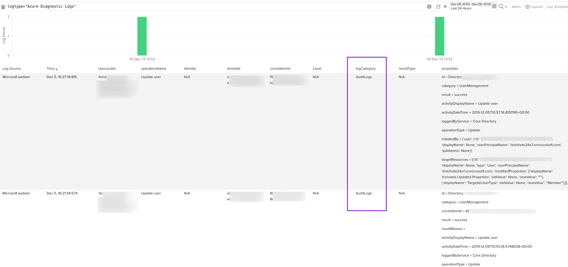 /logs-azure-result Azure diagnostic logs search result