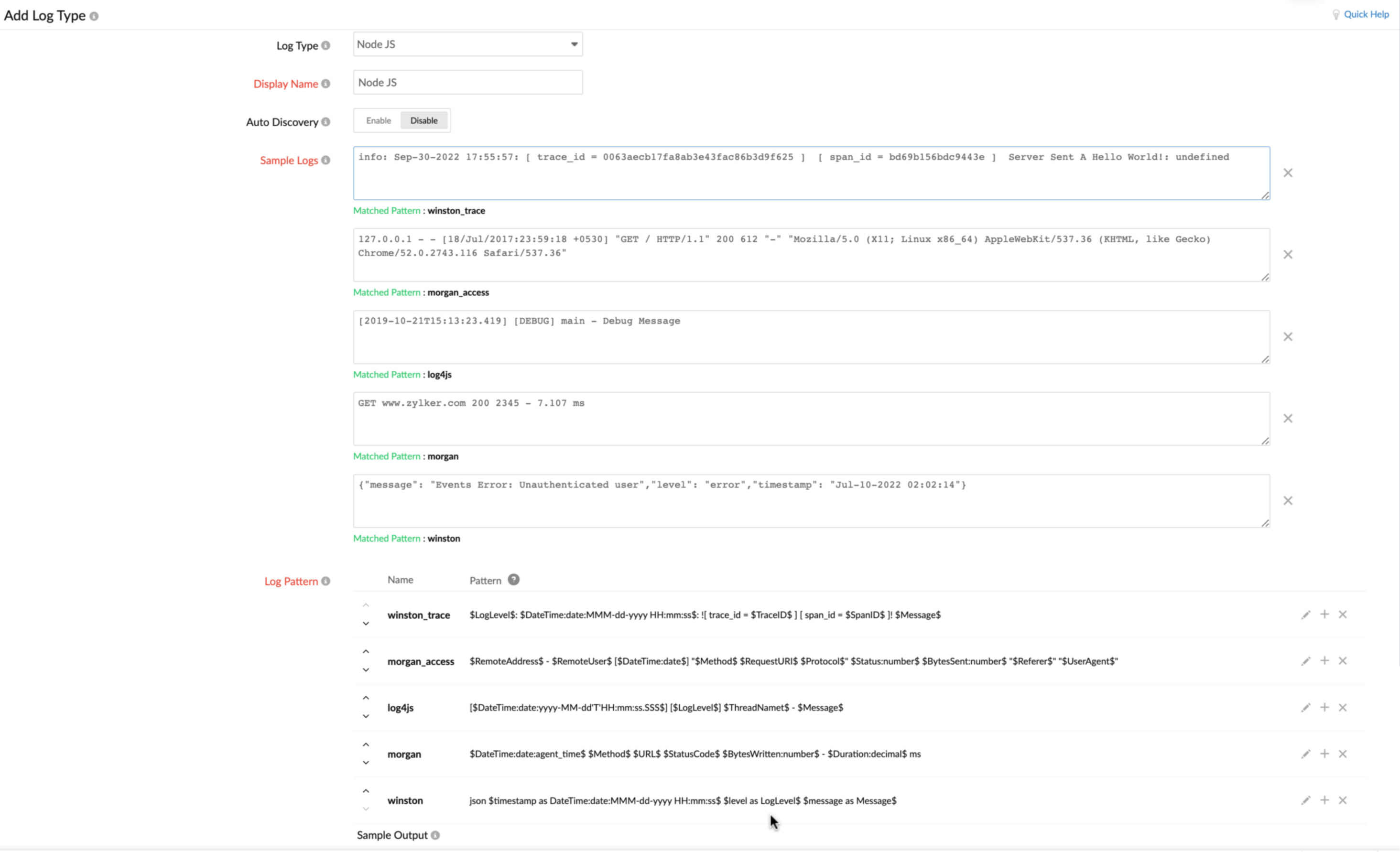 nodejs-logtype Log profile