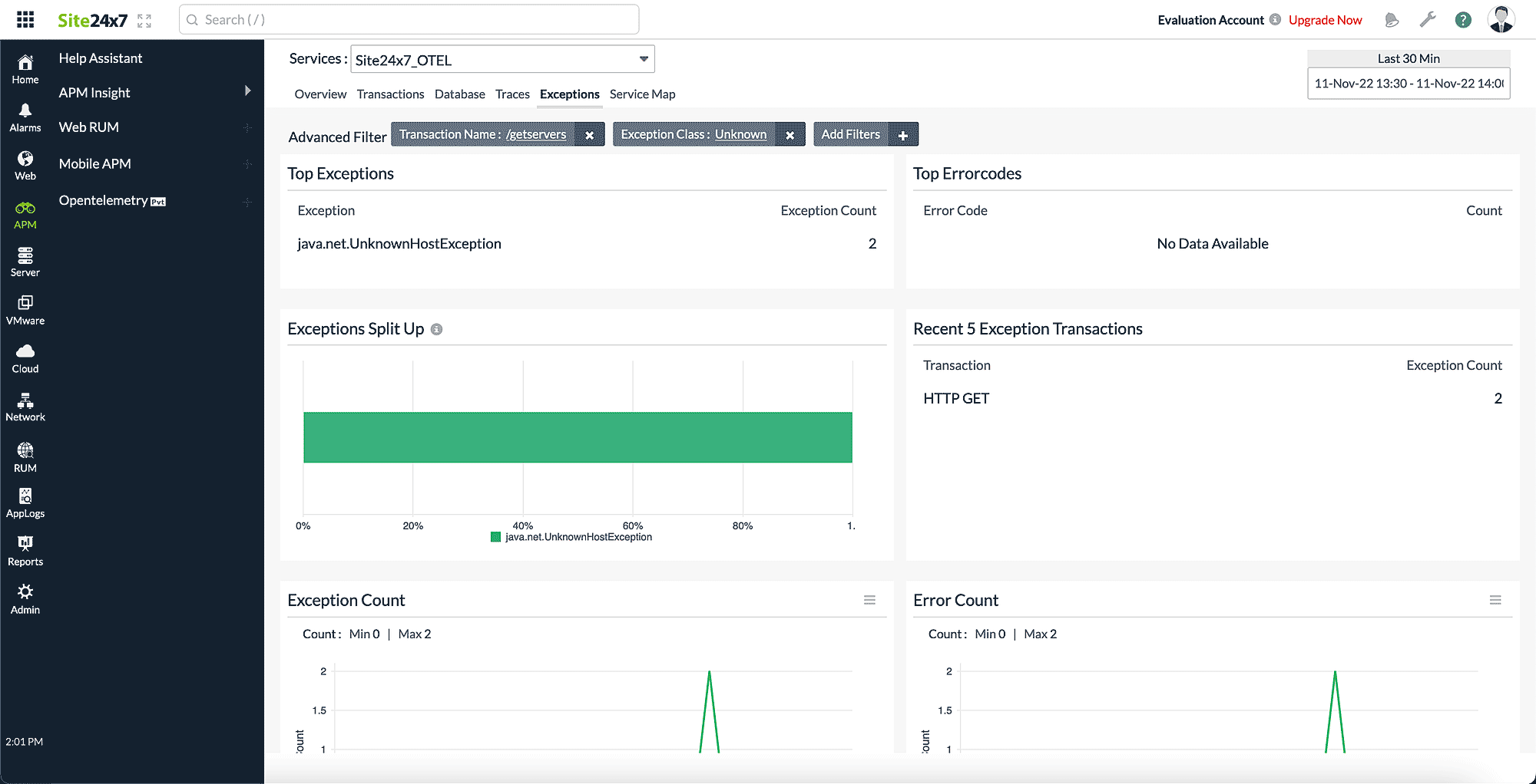 otel-exceptions-adv-filter Advanced filter option in Exceptions tab of Opentelemetry