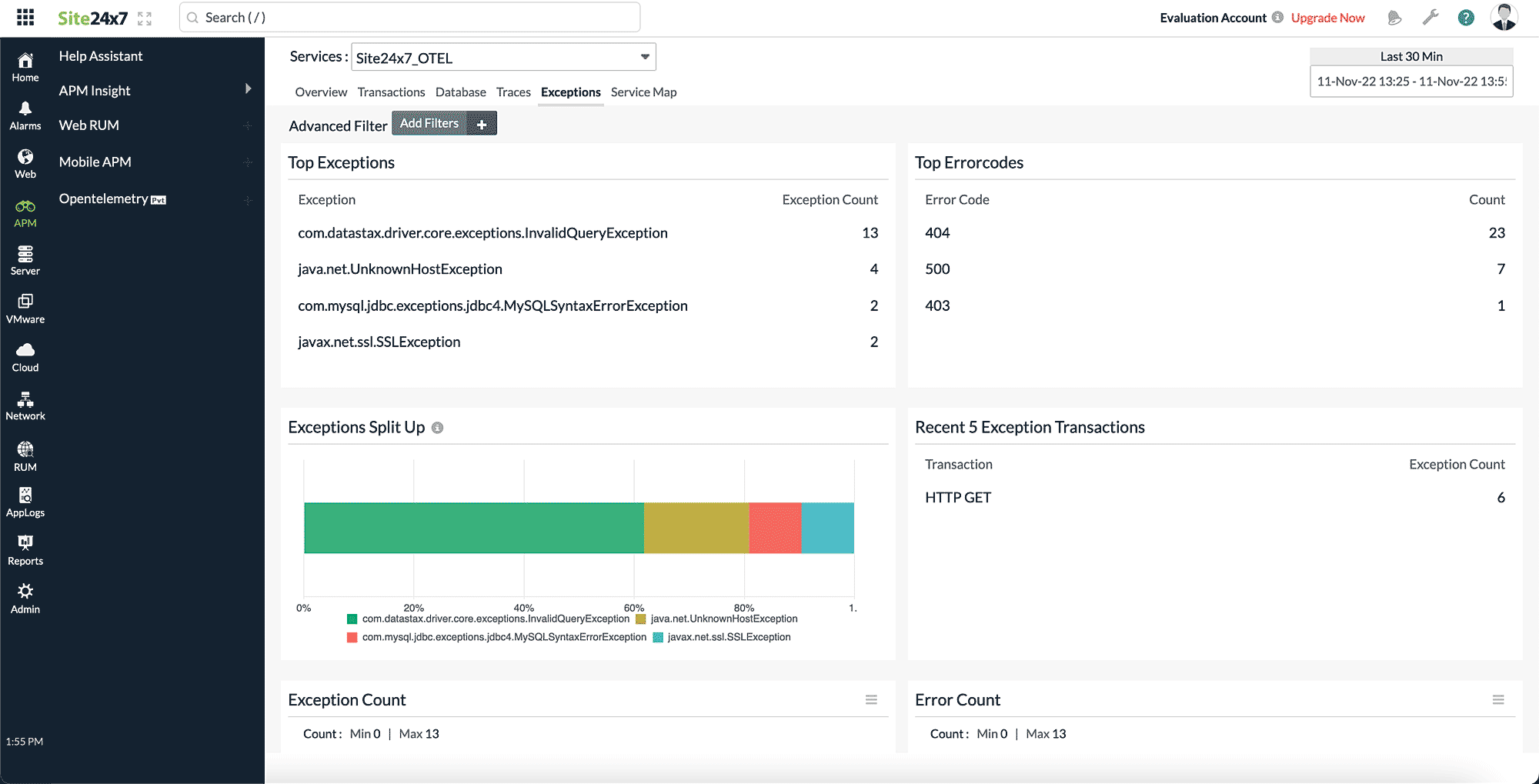 otel-exceptions-tab Exceptions tab of Opentelemetry