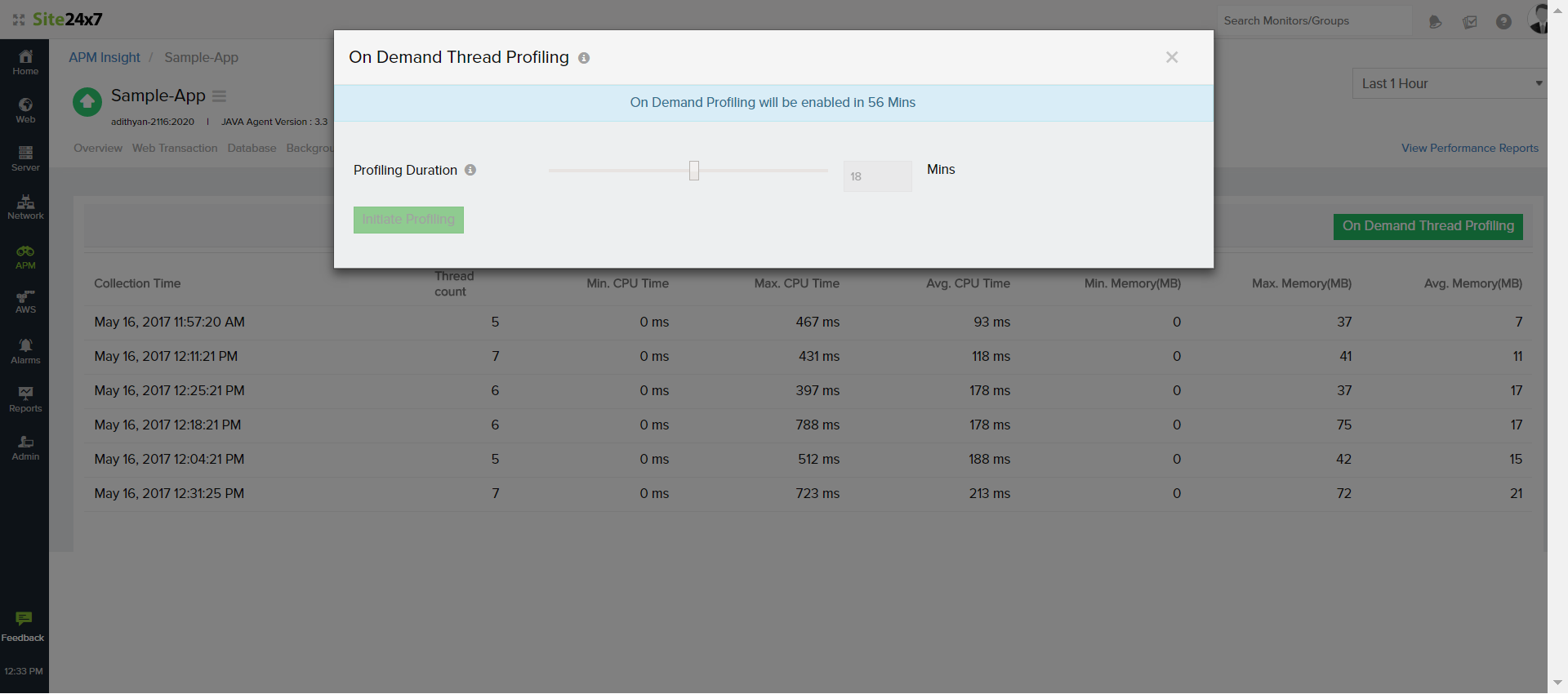 profiling Specify duration for on-demand thread profiling