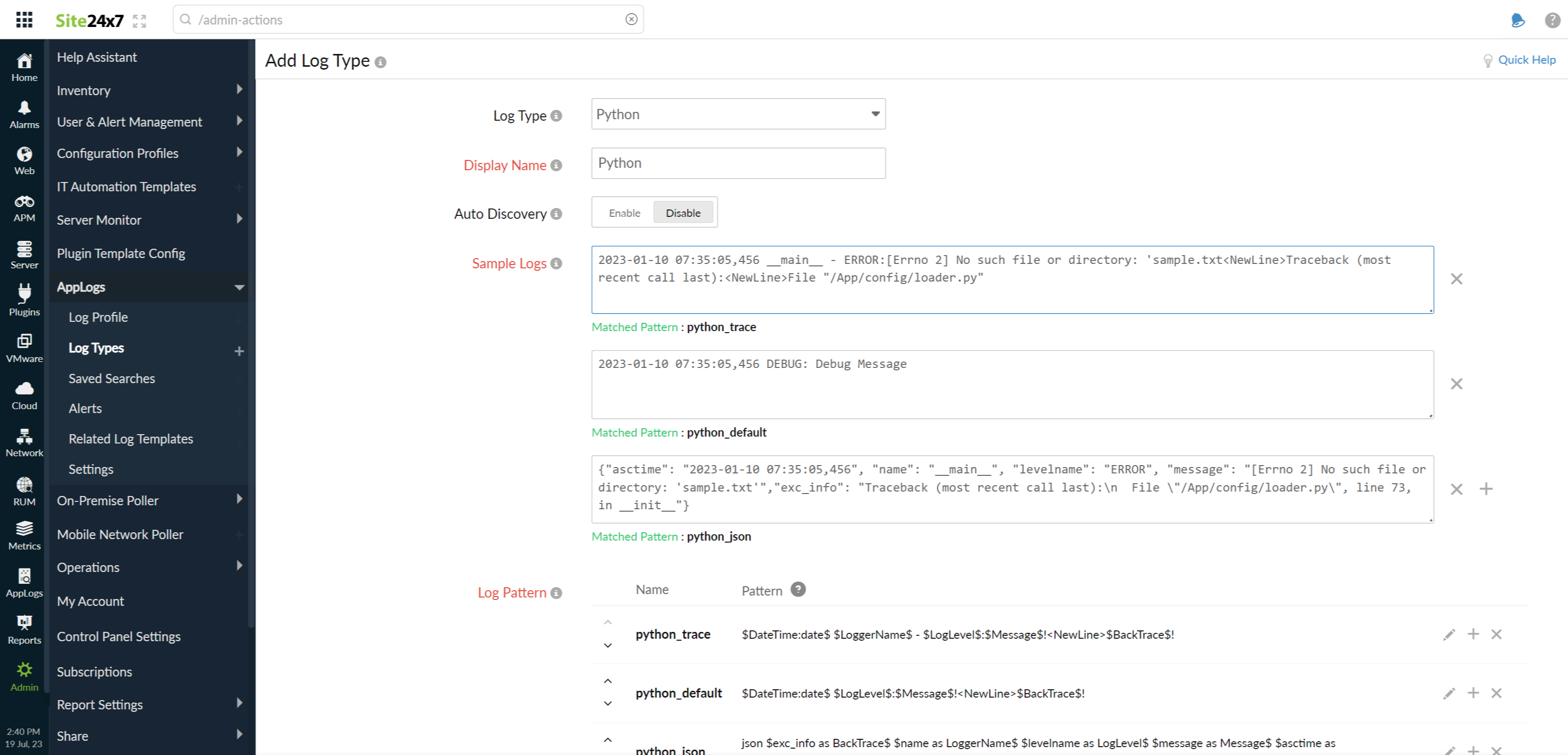 python-log-type Log profile