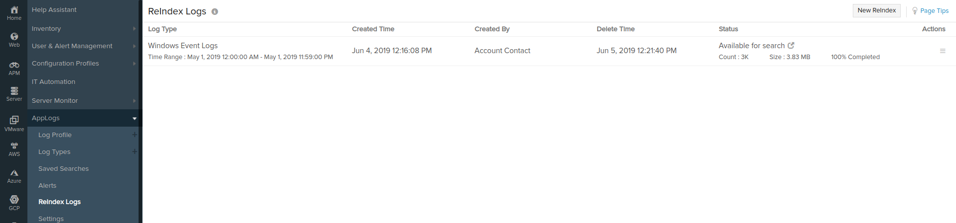 reindex-list ReIndex logs view