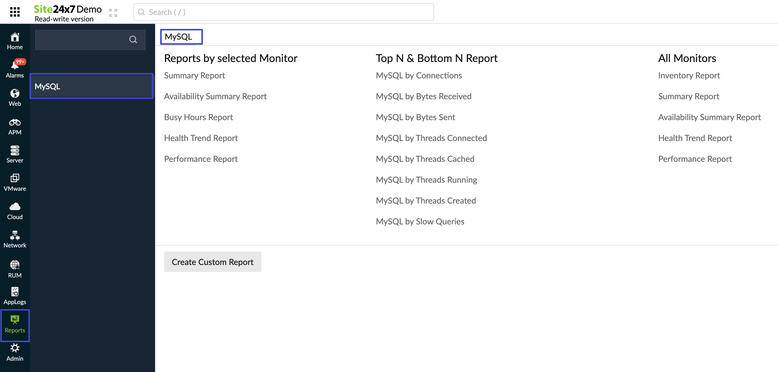 reports page of mysql