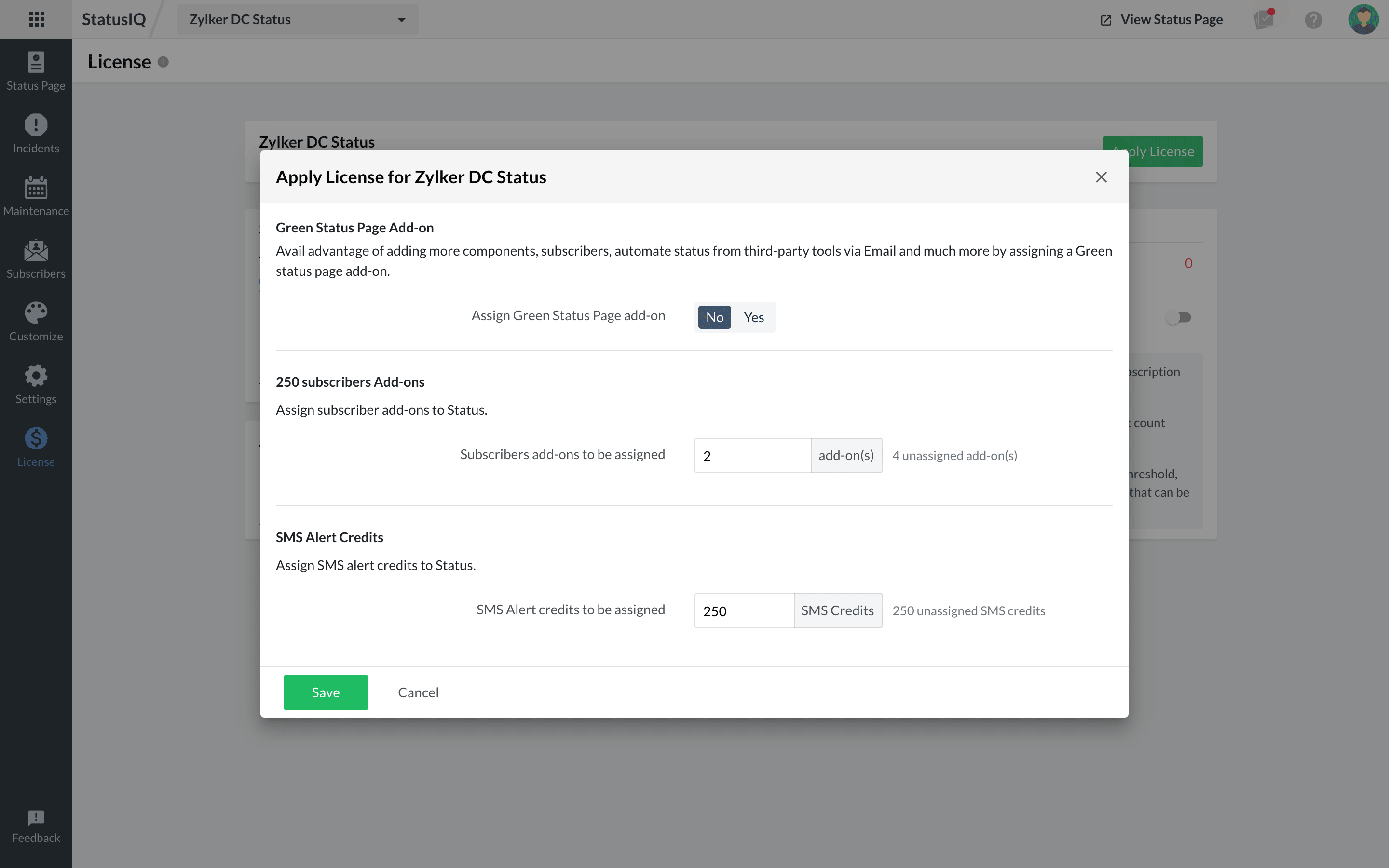 apply-license-popup Apply license pop-up where you can add a new license or update an existing one