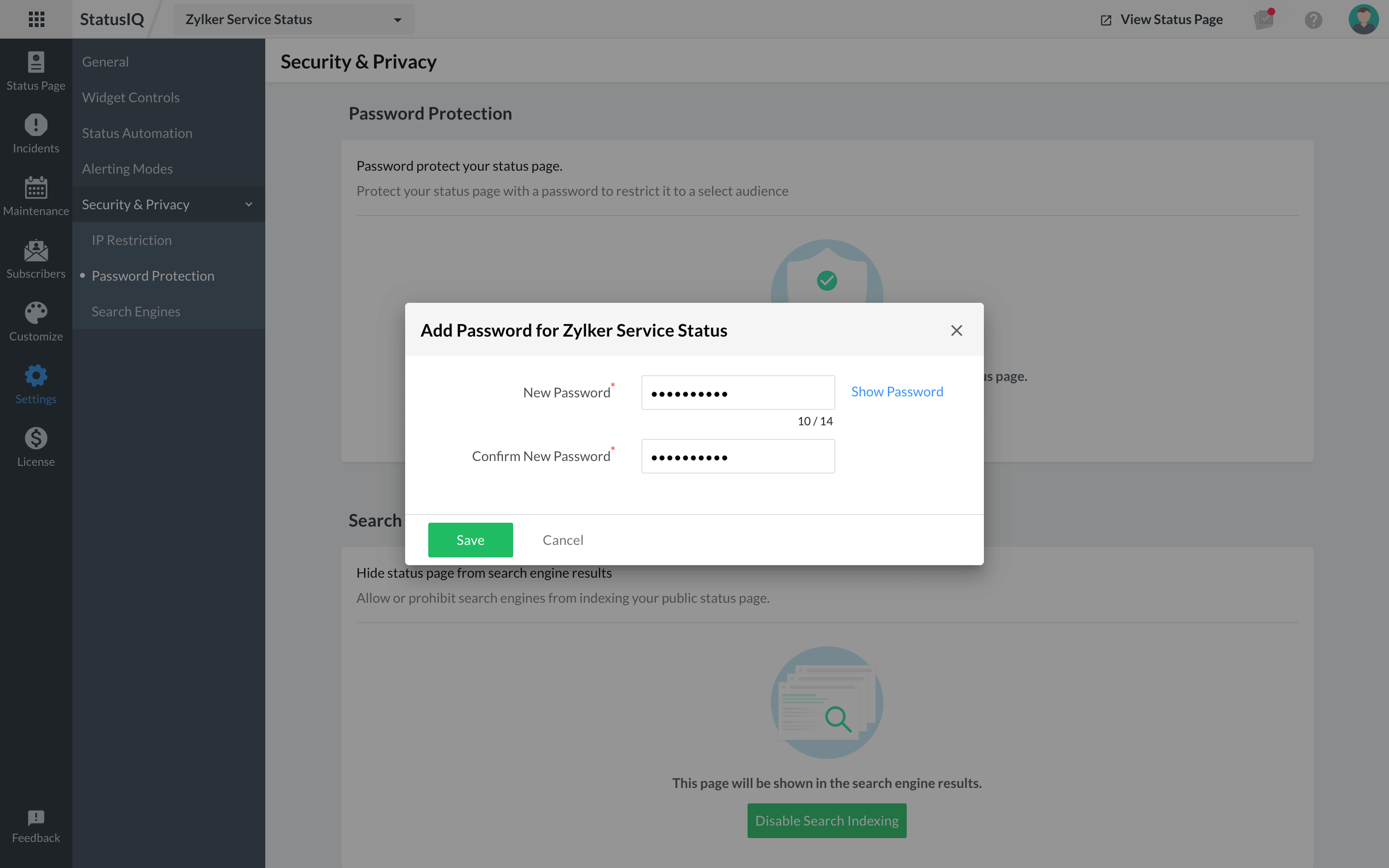 settings-privacy-password-protection Protect your status page using a password