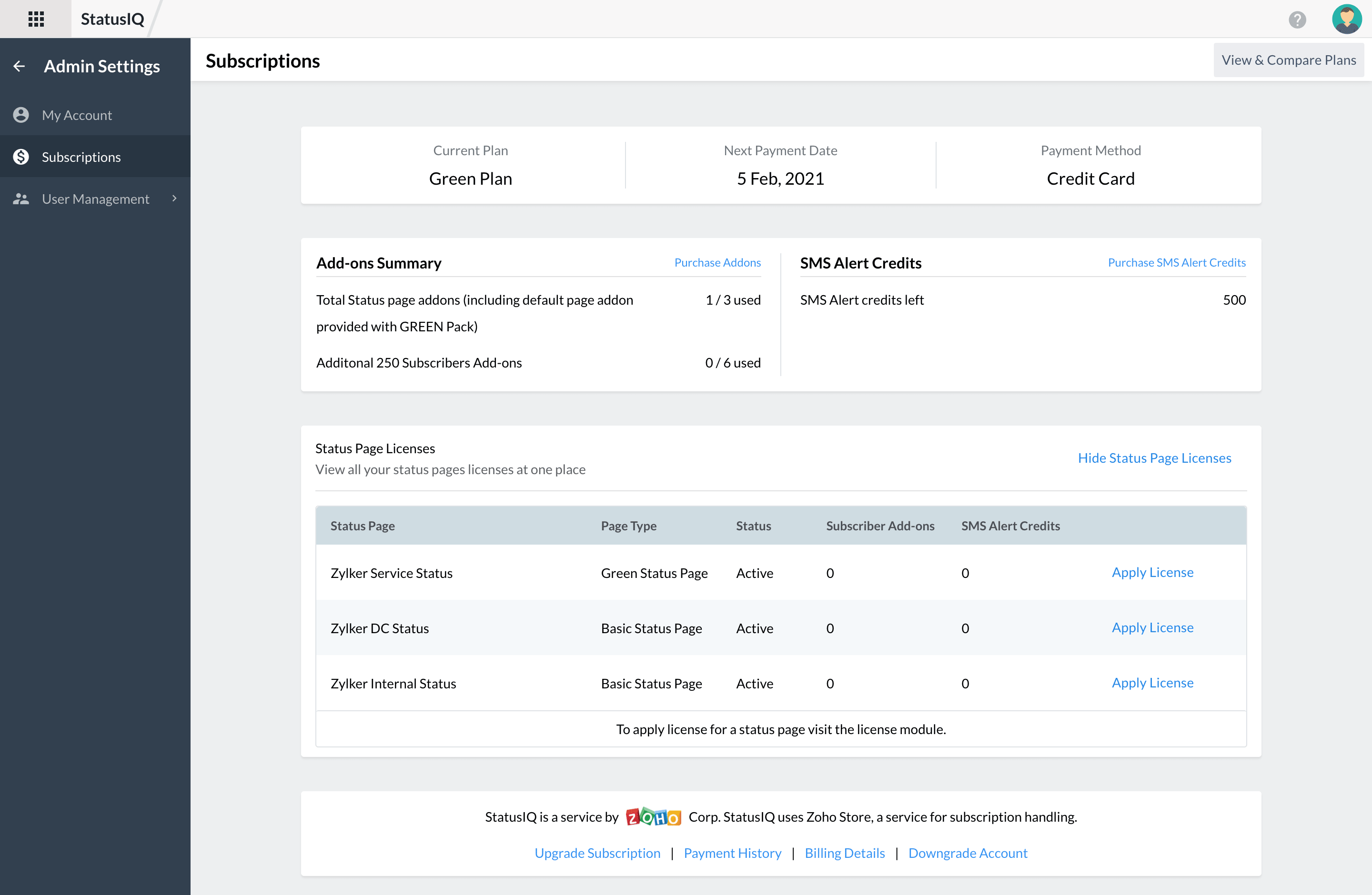 View Status Page License View your status page license summary