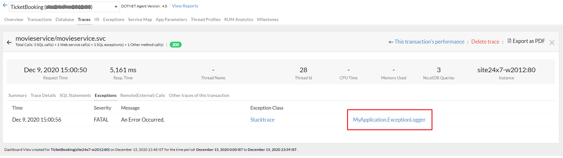 track-custom-exceptions Traces tab